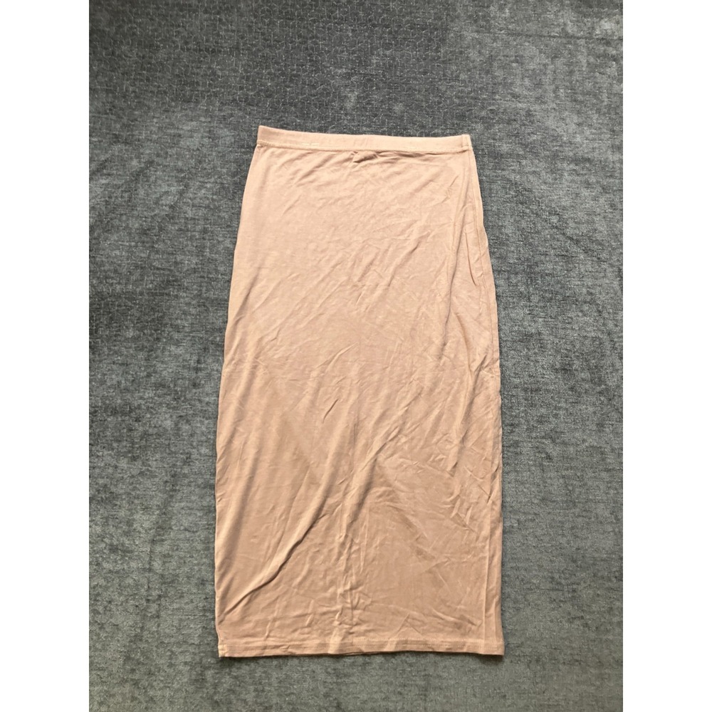 Boohoo Rib Maxi Bodycon Pencil Skirt Womens 6 Beige Preppy Elastic Waist Pull On